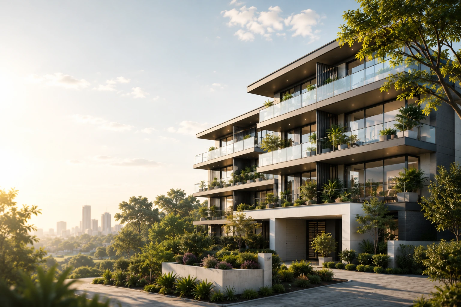 Sun striking a modern glazed building facade