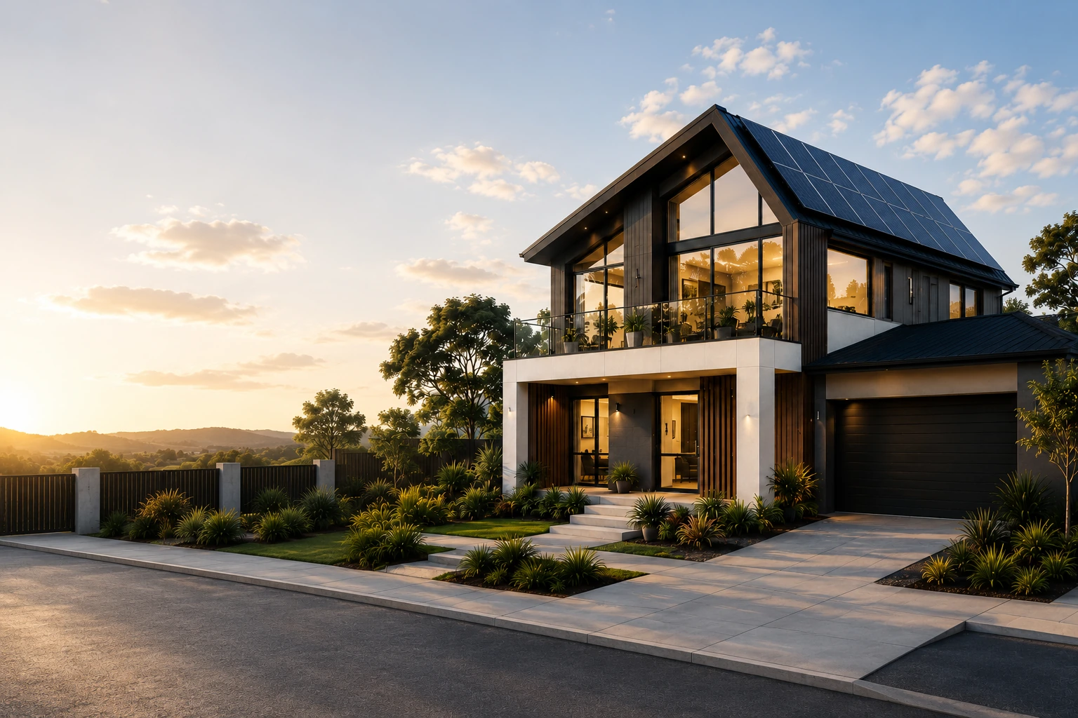 Modern two-storey home with rooftop solar panels at sunset